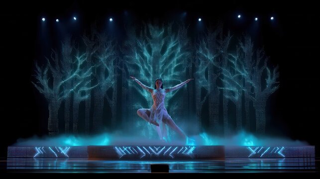 Thai dancer performing in holographic led forest stage stunning visuals live event enchanted atmosphere captivating concept