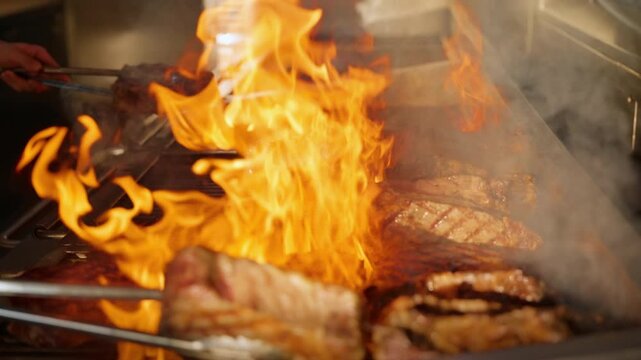 Premium steaks are prepared on flaming grill in super expensive restaurant. Slow motion footage at 120 fps captures fire rising around seared beef with grill marks and billowing smoke.