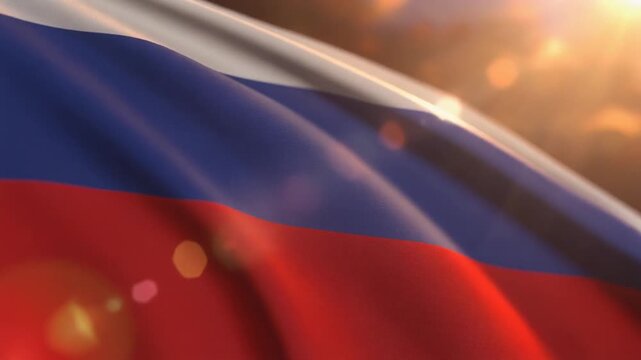 Russia flag waving in sunlight closeup.