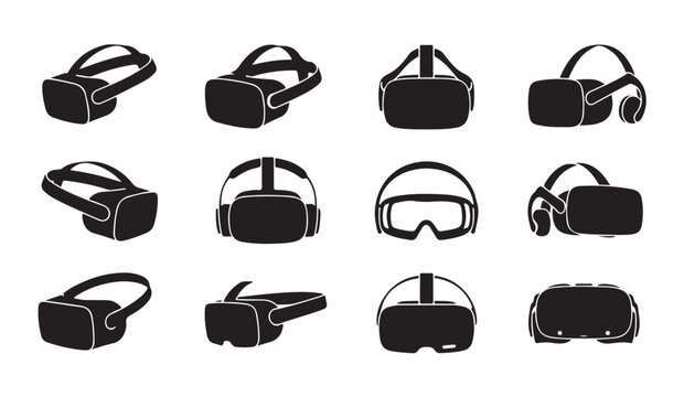 Virtual reality goggles set showing different perspective angles and hardware style designs.