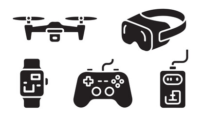Advanced electronic hardware icons featuring modern drone virtual reality headset gamepad. © parul