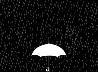 A white silhouette of an open umbrella stands out against a black background filled with heavy, diagonal white streaks mimicking a pouring rainstorm. © sans