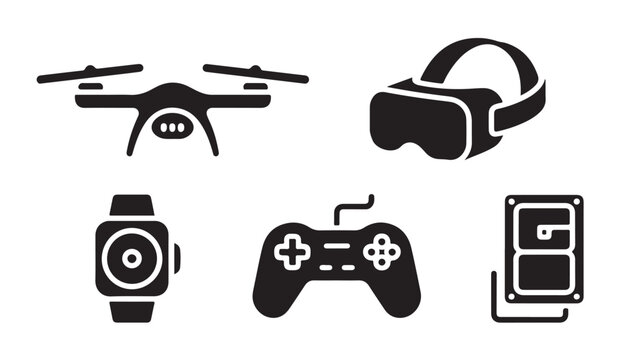Consumer electronics icons including drone vr headset smartwatch game controller and drive.