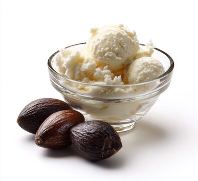 Pure organic shea butter scoops in a glass bowl with raw shea nuts on a white background for cosmetic and skincare product design cosmetic skincare moisturizer ingredient background isolated