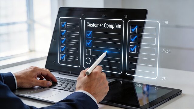 Business professional using laptop with holographic customer complaint interface, checking checklist and feedback forms, modern office technology concept, digital business