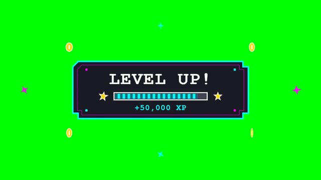 Pixel Art Level Up Animation with Progress Bar and XP Gain on Green Screen.