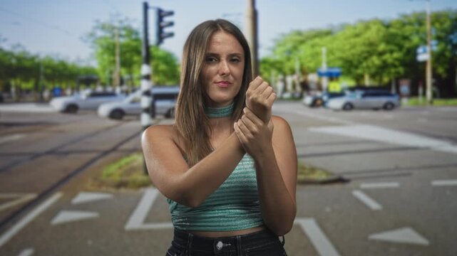 Young woman clutching and rubbing her wrist after an apparent wrist sprain at a street intersection, wearing a green crop top; concern recovery.