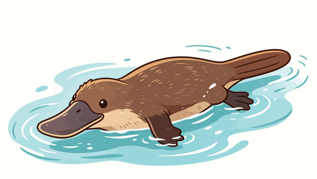 Adorable Kawaii Chibi Cartoon Duck-Billed Platypus Swimming Gently on Rippled Pale Blue Water, Cute Warm Toned Animal Illustration