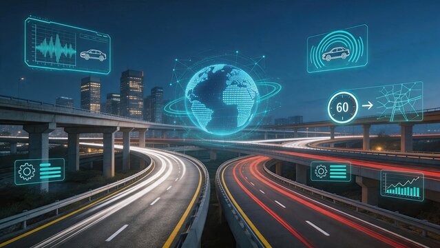 Futuristic smart city highway interchange with holographic global network, digital data interfaces, autonomous vehicle icons and speed monitoring systems overlaying night traffic