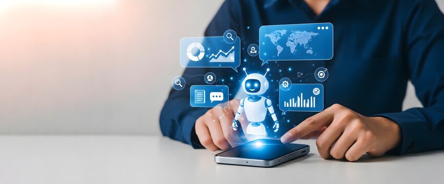 AI chatbot and business analytics concept with holographic robot assistant emerging from smartphone