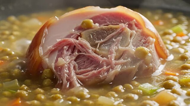 Closeup of a Ham Hock Simmering in a Hearty Lentil Stew.