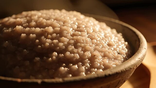 Closeup of a bowl filled with cooked pearl couscous a delicious grain dish.