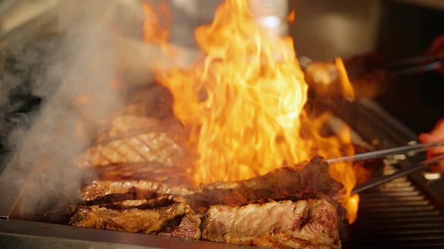 Steaks cooking in super expensive restaurant kitchen with dramatic flames rising from professional grill. Chef uses tongs to flip premium beef cuts in slow motion at 120 fps capturing fire and smoke.