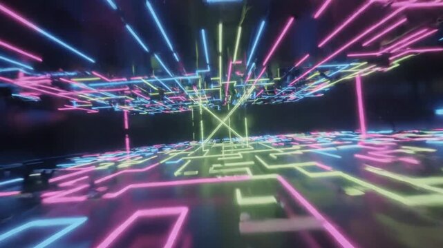Abstract Futuristic Neon Grid Tunnel with Cyberpunk Lights