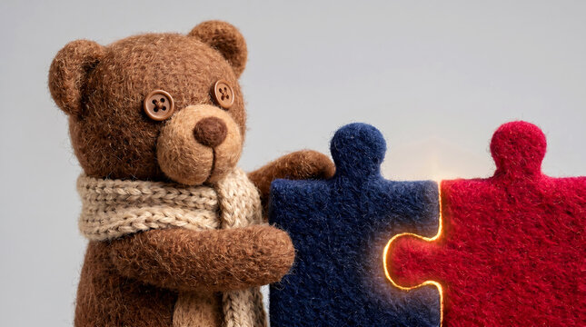 A brown teddy bear in a scarf holding blue and red puzzle pieces