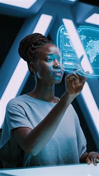 Woman interacting holographic interface in neon studio, using precise gesture controls to manipulate floating data panels and world map visualization triangular LED background, cool blue