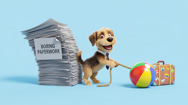 A dog pulling a beach ball and running away from a stack of boring paperwork