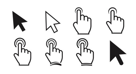Fototapeta premium Collection of black and white cursor and hand icons for user interface design and interaction.
