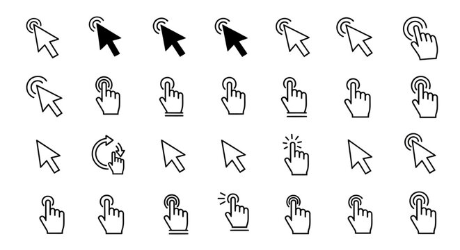 Collection of cursor click icons and mouse pointers for web design and UI resources.