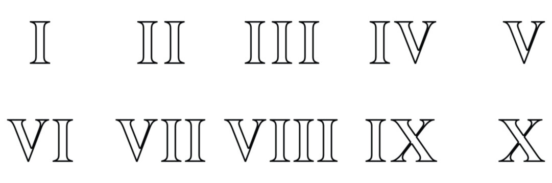 Classic Roman numerals one through ten displayed in a stylish outlined font perfect for educational historical or design projects