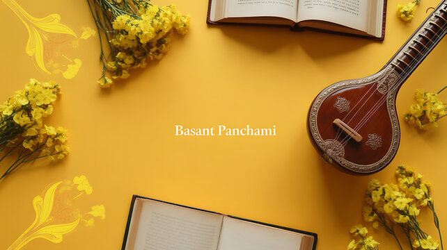 Basant Panchami celebration with yellow flowers, open books, and a traditional string instrument on a yellow background