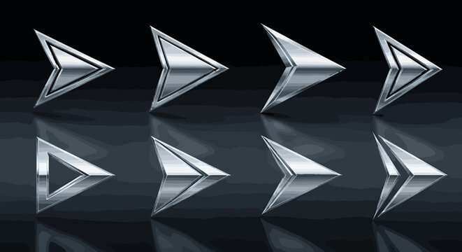 Row of metallic silver arrow icons on a dark reflective surface.
