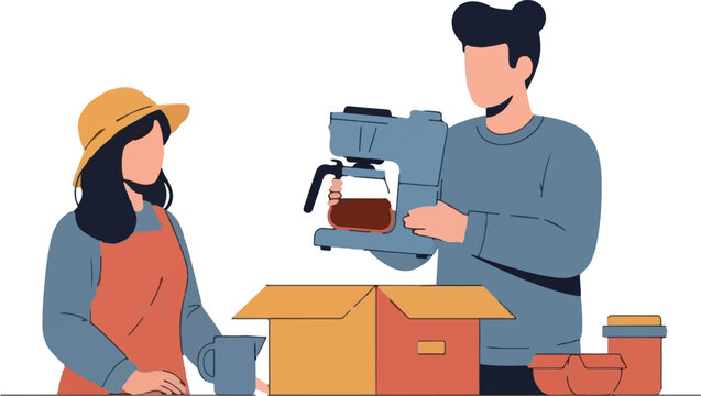 Couple unpacking coffee machine from delivery box indoors.