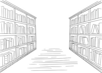 Hand drawn library bookshelves sketch vector illustration with reading aisle perspective educational knowledge concept design © Majnur
