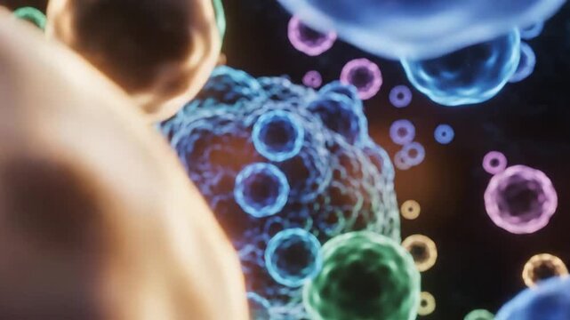 Microscopic 3D animation of colorful biological cells and pathogens floating in a dark void
