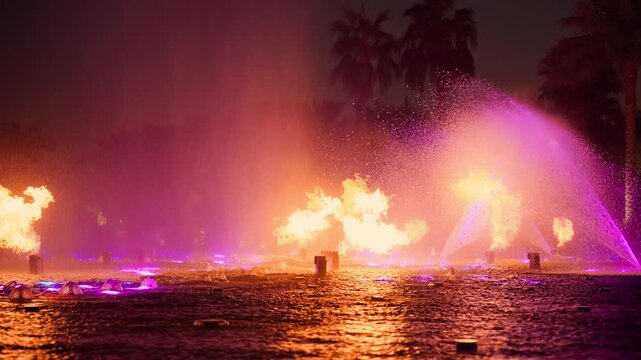 Dubai fountain show featuring dramatic fire bursts and purple illuminated water jets at night. Palm trees silhouette against colorful flames and mist with vibrant reflections on water surface.