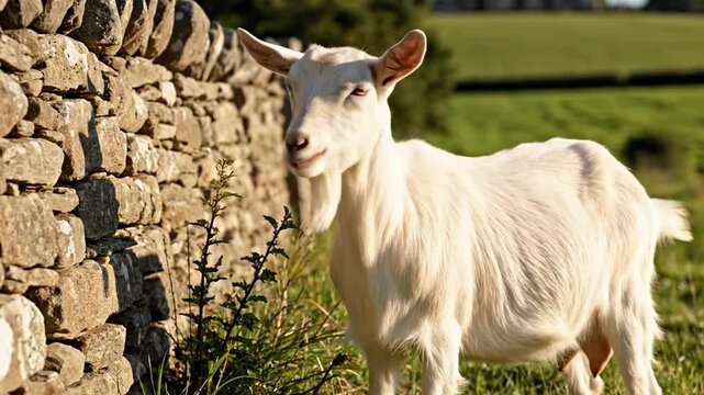 Calm saanen goat with short smooth white hair standing beside rustic dry stone wall in green countryside pasture, elegant dairy farm animal portrait with warm sunlight and natural rural texture
