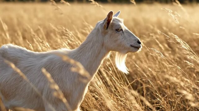 Graceful saanen goat with short silky white hair walking through golden meadow grass, side profile dairy breed portrait in warm backlight, quiet rural pasture atmosphere and soft summer field texture