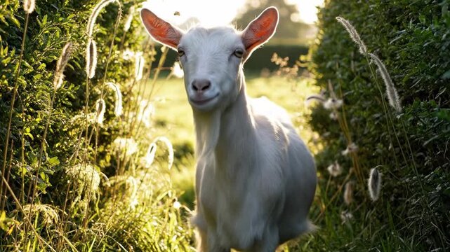 Slim saanen goat with short glossy white hair grazing under open wooden farm shelter, side view dairy animal scene with soft dirt floor, warm daylight, rustic fence, and quiet homestead setting