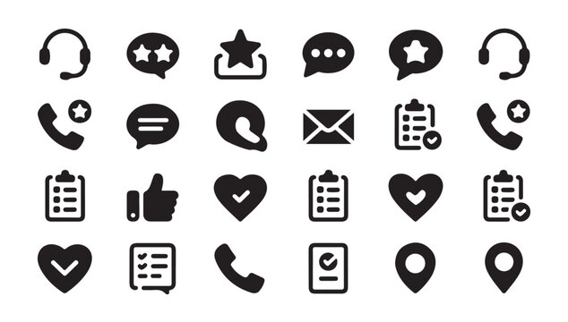 Customer support and feedback icons with headsets phones and ratings for service.
