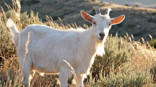 Quiet saanen goat with short fine white hair beside mossy stone ruin and cobbled lane, cinematic dairy animal side portrait with cool shade, fern detail, and peaceful old countryside texture