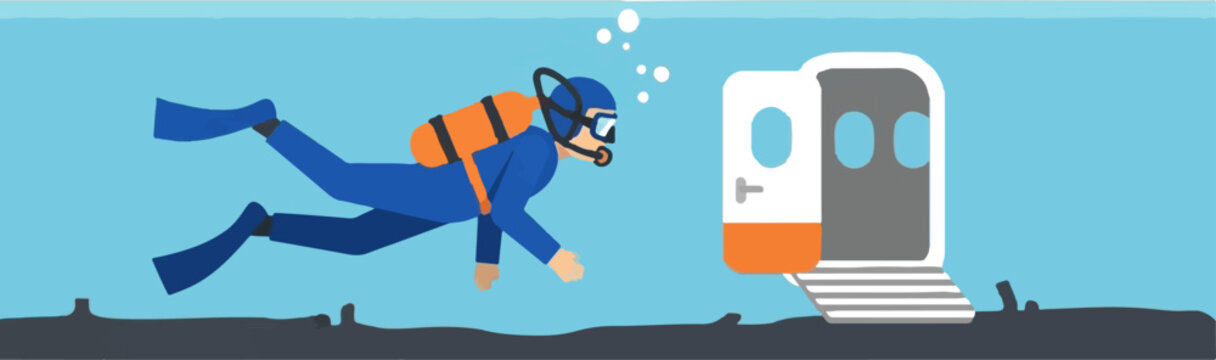 Cartoon cat scuba diver exploring underwater subway door.