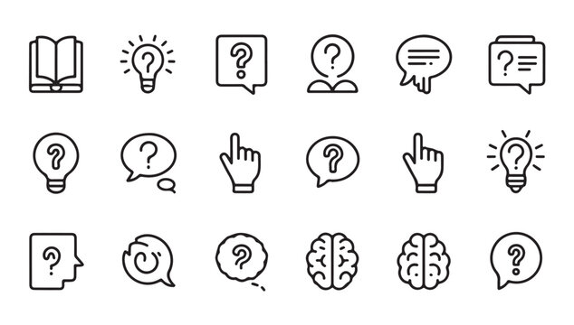 Set of thin line icons for frequently asked questions and mental brainstorming topics.