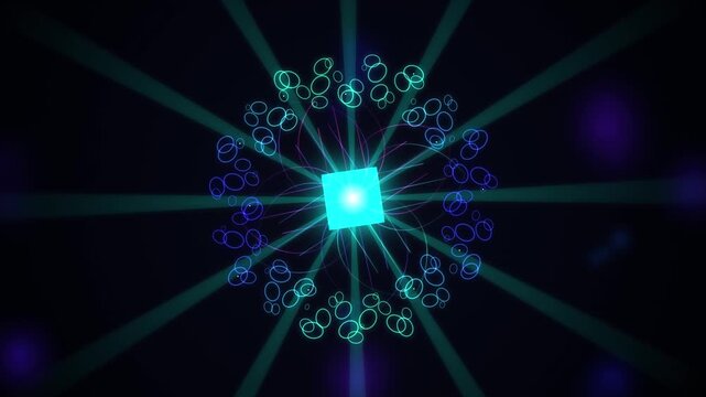 A vibrant digital artwork depicting a glowing central cube surrounded by intricate interconnected geometric patterns and luminous lines radiating into a dark, abstract space scene full