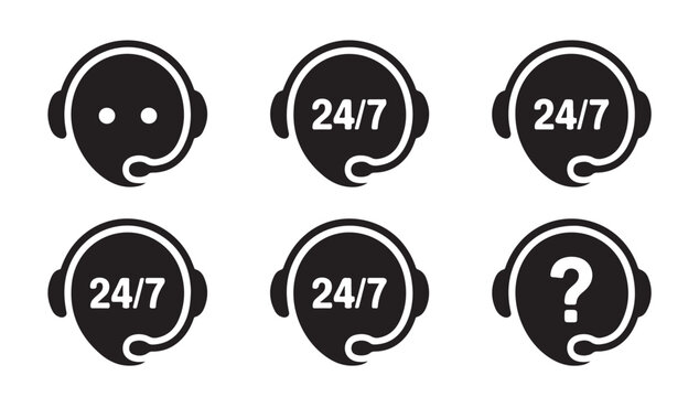 Support service icons featuring headset and twenty four seven availability for customer.