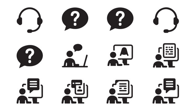 Customer support service icons showing headset communication and digital assistance tasks.