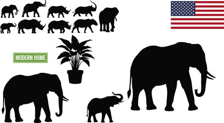 Elephant and Wildlife Silhouette Vector Collection with African Animals USA Flag and Decorative Nature Elements © MstRostama
