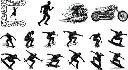 Extreme Sports and Adventure Silhouette Vector Collection Featuring Skateboarding Surfing Running and Custom Motorcycle Designs © MstRostama