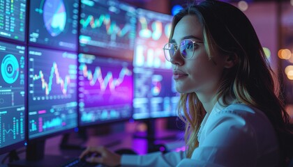 Naklejka premium Confident Female Entrepreneur Working Late at Night in High-Tech Startup Office Environment
