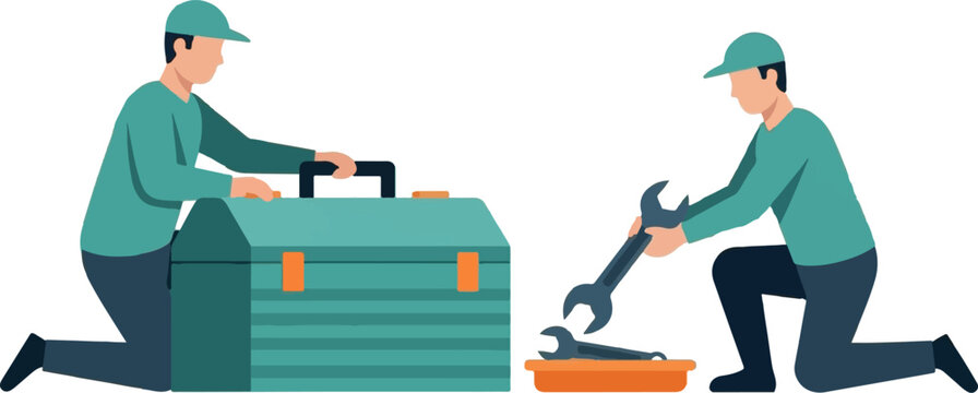 Two workers using tools and large toolbox on site.