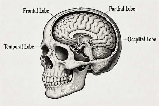 Human skull brain lobes diagram