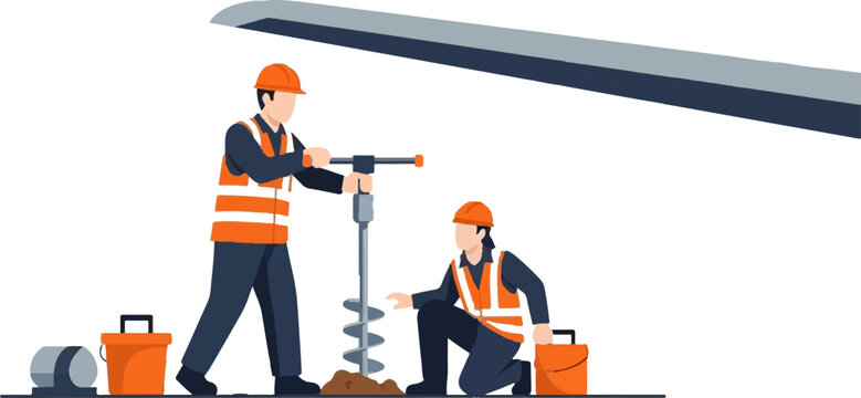 Construction workers operating heavy drilling equipment together.