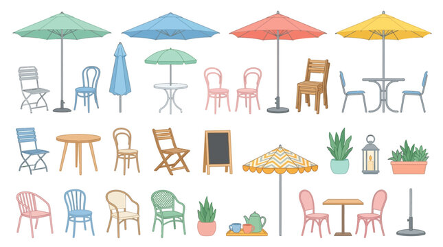 Vibrant collection of outdoor cafe and patio furniture, featuring diverse tables, chairs, and colorful parasols, perfect for sidewalk restaurants, garden bistros, and street-side dining areas