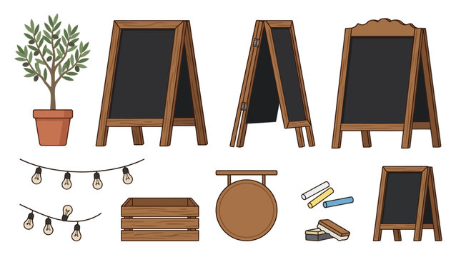 Diverse collection of cafe and shopfront elements, featuring assorted chalkboards, charming string lights, and rustic decorative pieces for inviting outdoor or indoor displays
