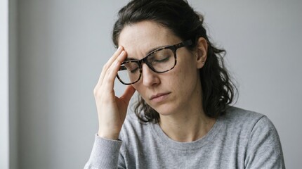 Fototapeta premium Woman with Glasses Experiencing Headache and Stress, Holding Forehead