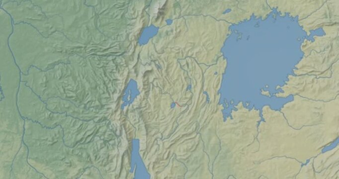 Rwanda on Globe. Zoom into the country with Earth spinning on dark background. Physical world map with Rwanda and label on it. Country view animation.